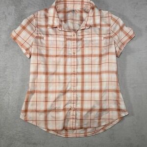 Kuhl Kamp Short Sleeve Plaid Button Up Shirt Orange Cream Womens Small 8079